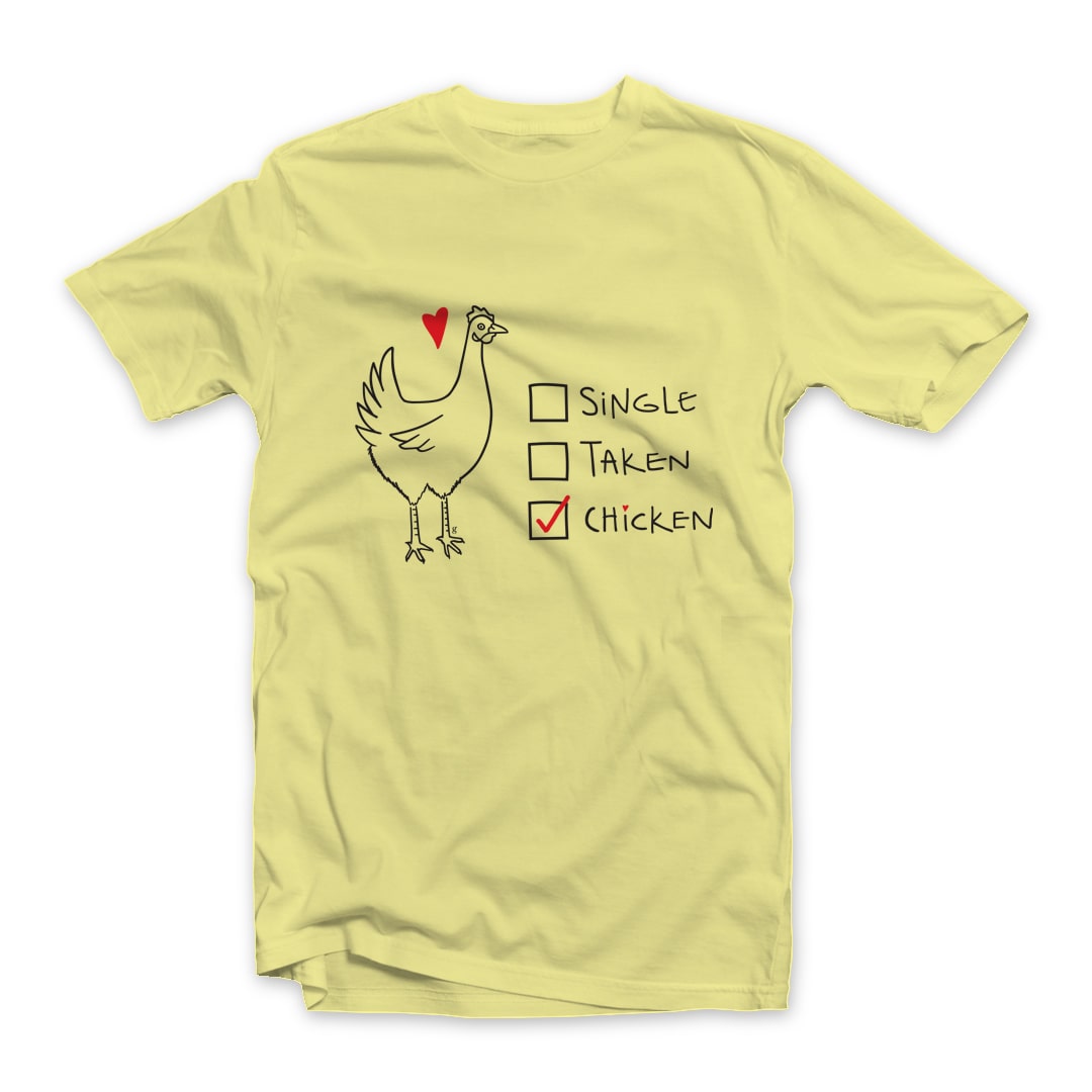 Single Taken Chicken Tee Design on Yellow Short Sleeve tee